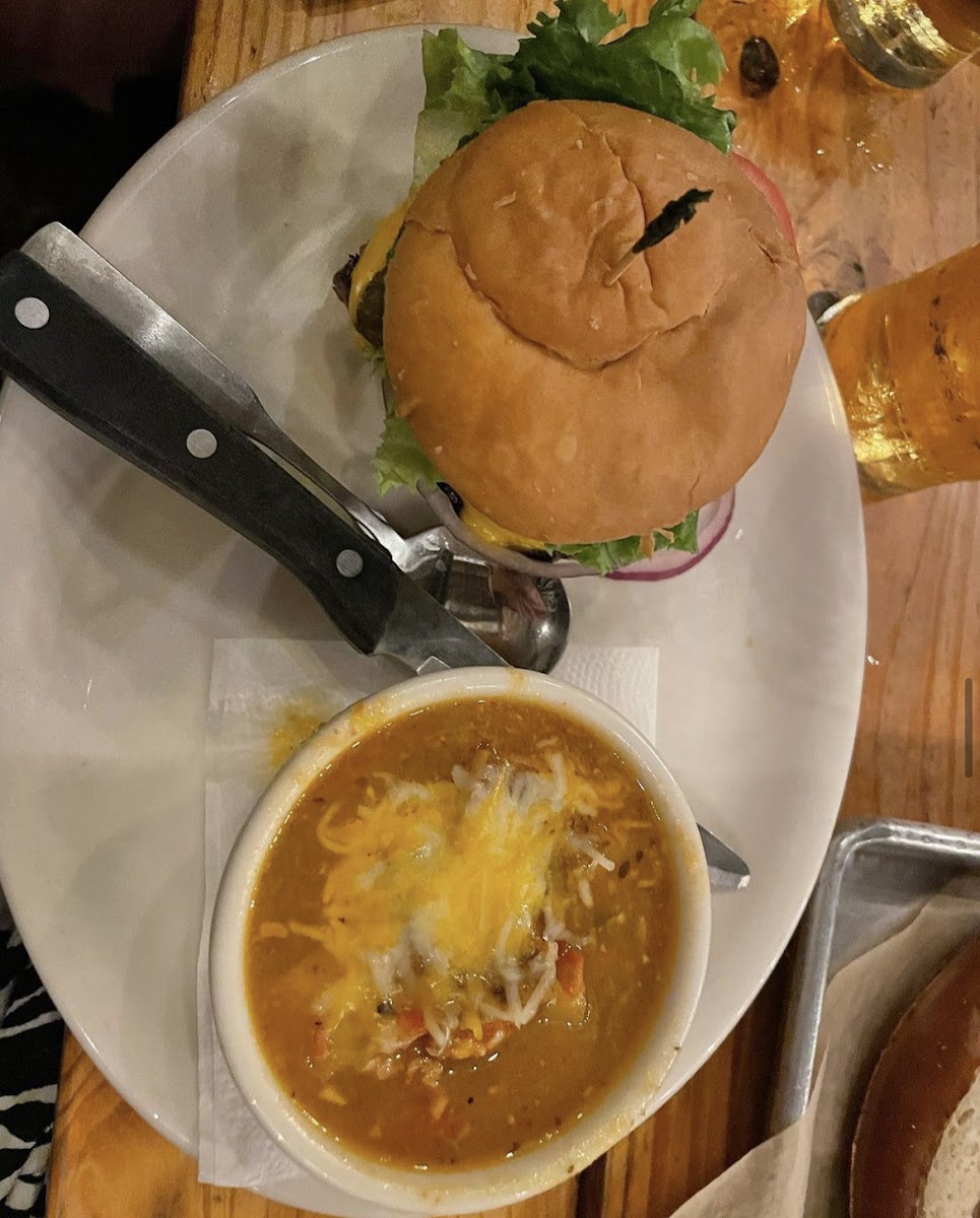 Gluten free burger and green Chile stew