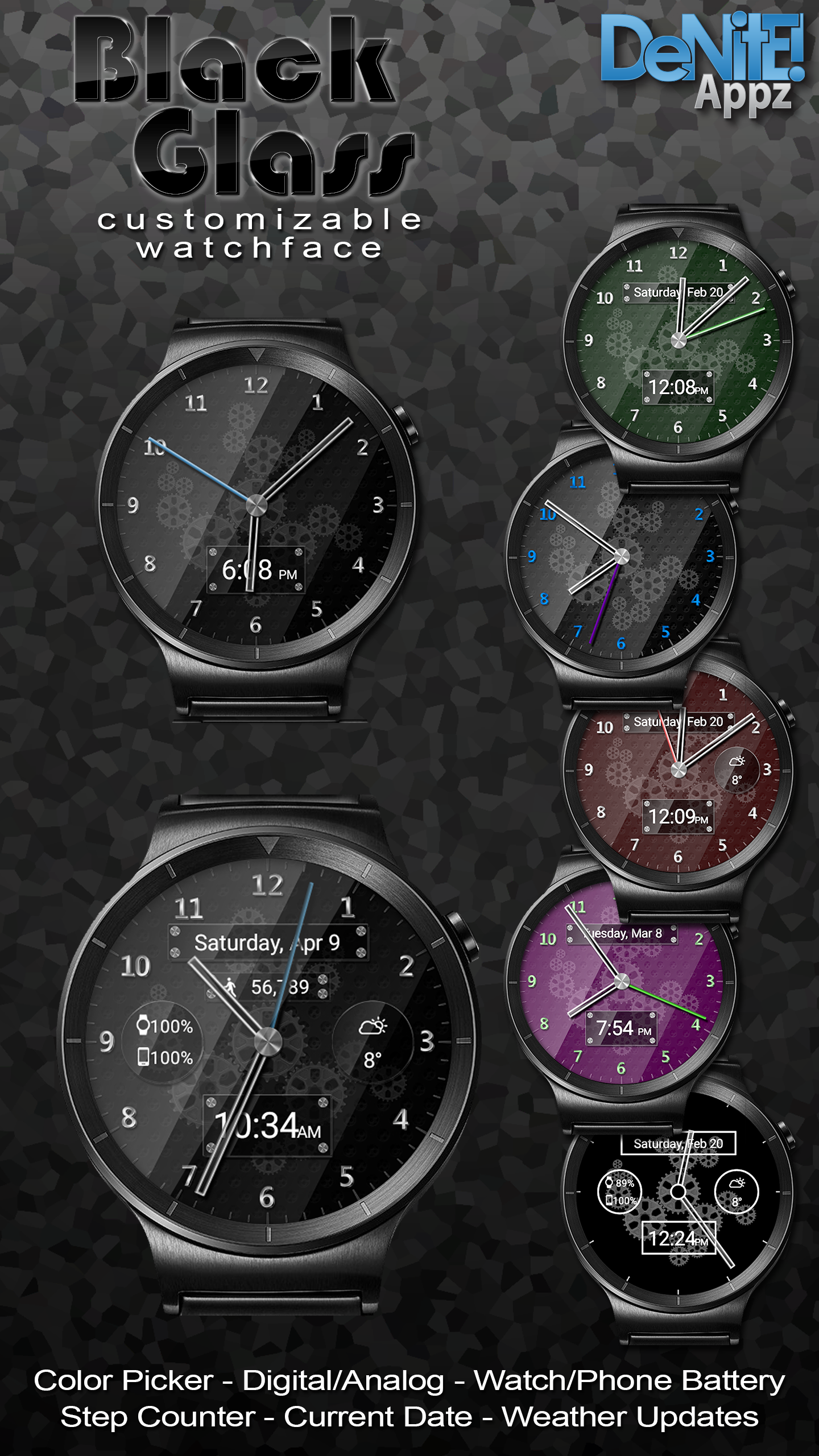 Android application Black Glass HD Watch Face screenshort