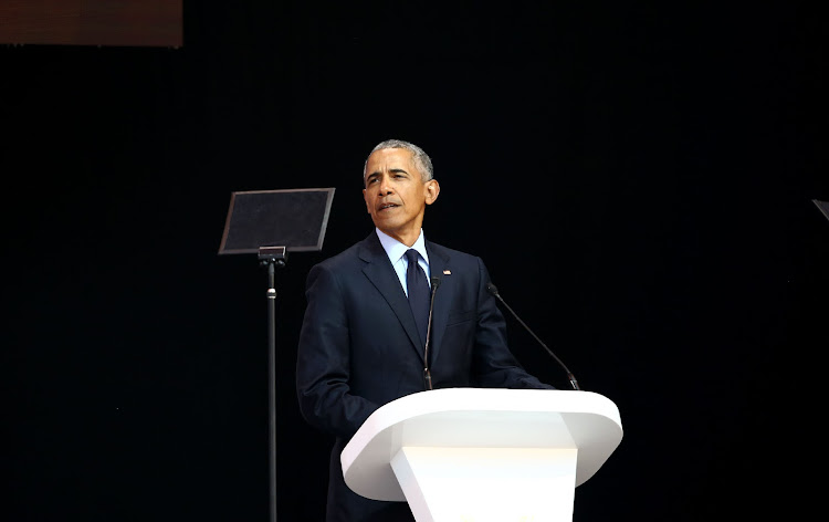 Ex-US president Barack Obama delivering the 16th Nelson Mandela annual lecture in 2018. The Mandela Rhodes Foundation is a scholarship programme to build exceptional leadership in Africa.