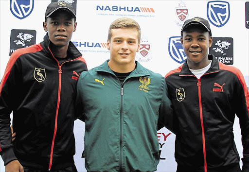 BRIGHT FUTURE: Dale College fullback Aphelele Fassi, left, Glenwood Prop Renier van Rooyen and right, Dale College centre Sibulele Mbane. The players were awarded bursaries to the Sharks Academy Picture: SUPPLIED