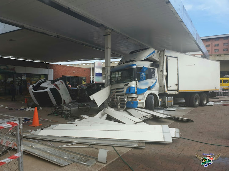 The accident scene after a truck crashed into a petrol station in Durban on Wednesday.