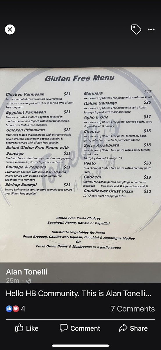 Tonelli's gluten-free menu