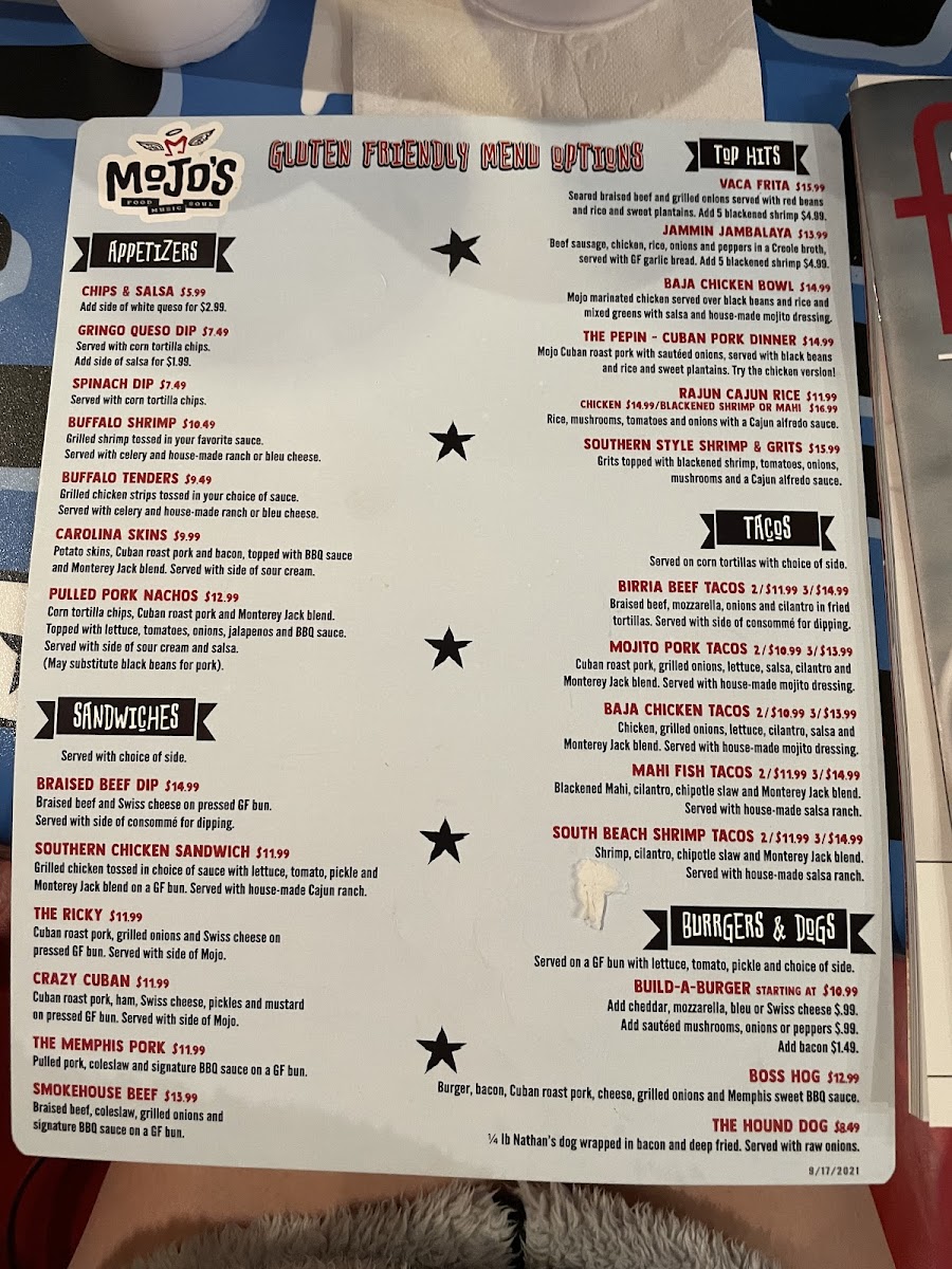 Mojo's Juke Joint gluten-free menu