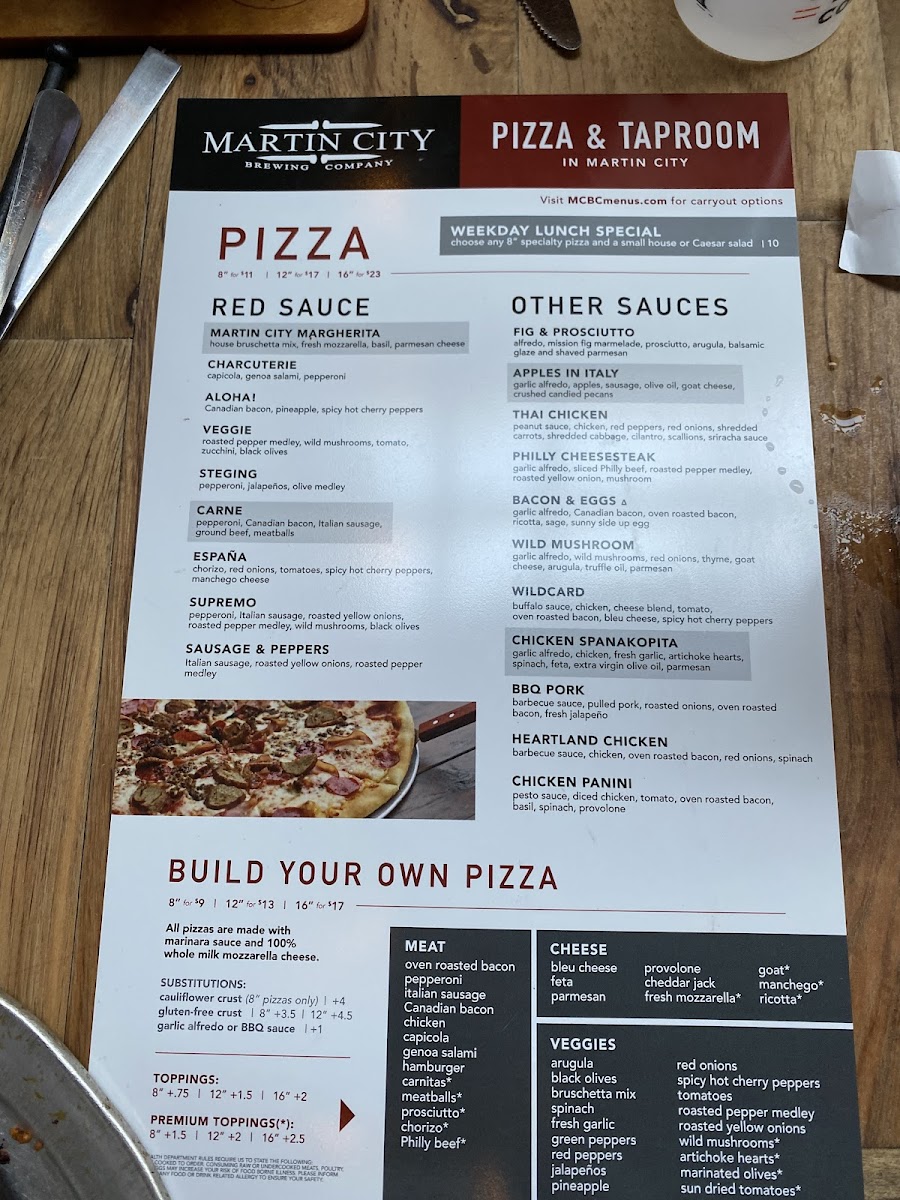 Martin City Pizza And Taproom gluten-free menu