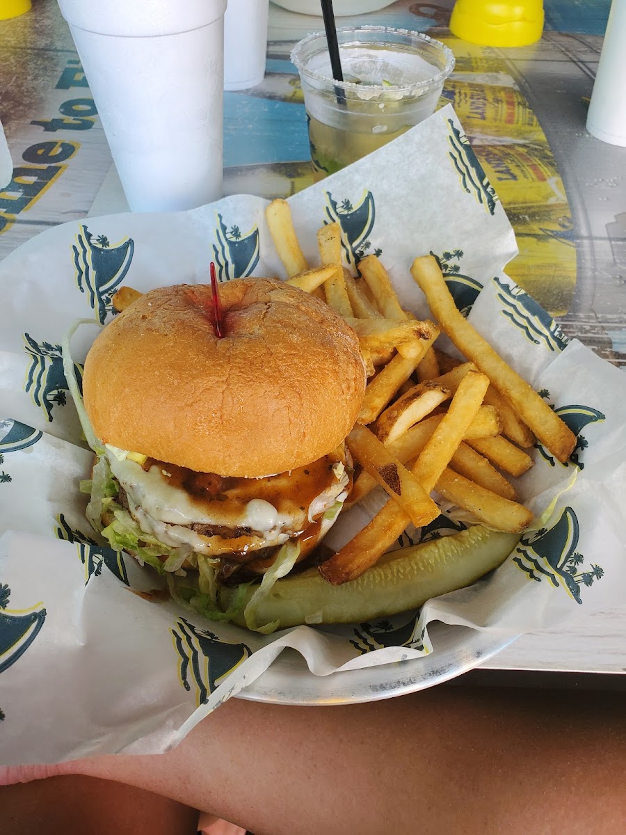 Caribbean burger on a gf bun and fries (dedicated gf fryer)