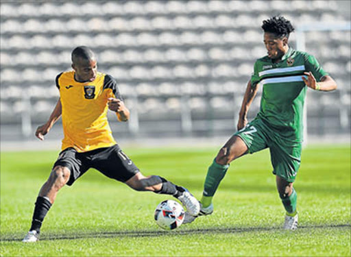 CAPE TOWN, SOUTH AFRICA - OCTOBER 16: (L-R) Mazwi Mncube of Mthatha Bucks FC and Paseka Sekese of Cape Town All Stars FC during the National First Division match between Cape Town All Stars and Mthatha Bucks at Athlone Stadium on October 16, 2016 in Cape Town, South Africa. (Photo by Ashley Vlotman/Gallo Images)