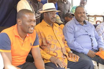 ODM secretary general Edwin Sifuna, party leader Raila Odinga and Makadara MP George Aladwa in Kibra on Sunday, August 25.