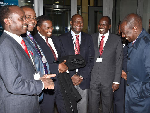 Deputy President William Ruto with members of the Kenyan delegation, including Devolution CS Mwangi Kiunjuri (3rd left) and Energy's Charles Keter (4th left) at The Hague in the Netherlands. Photo/REBECCA NDUKU/DPPS