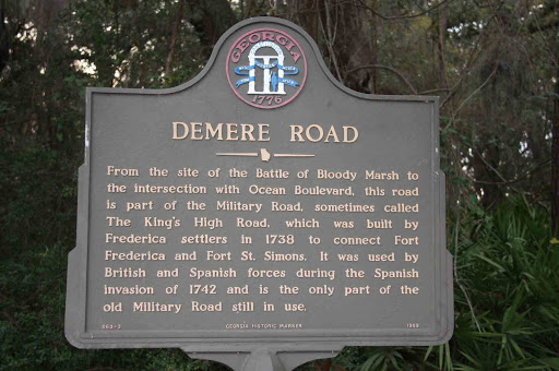 From the site of the Battle of Bloody Marsh to the intersection with Ocean Boulevard, this road is part of the Military Road, sometimes called The King´s High Road, which was built by Frederica...