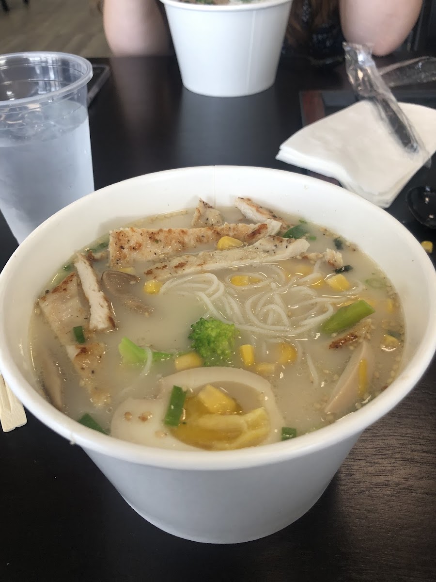 Grilled Chicken Ramen bowl made with GF rice noodles- absolutely delicious!