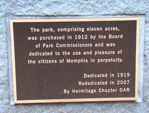 This park, comprising eleven acres, was purchased in 1912 by the Board of Park Commissioners and dedicated to the use and pleasure of the citizens of Memphis in perpetuity. Dedicated in 1919...