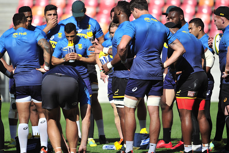 The Springboks take a short break during a training session ahead of their Rugby Championship match against Australia at Nelson Mandela Bay Stadium in Port Elizabeth on September 24 2018.