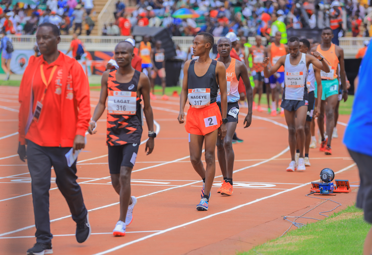 Male athletes getting ready for competitions during the Absa Kip Keino Classic sponsored by Absa Bank, at the Nyayo National Stadium on April 20, 2024.