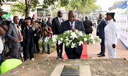 President Cyril Ramaphosa lays a wreath at the memorial site in honor of the fallen Sharpeville Massacre victims ahead of the commemoration of Human Rights Day in Sharpeville, Gauteng Province.