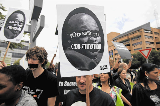 Media workers protest against the Protection of State Information Bill. Despite vociferous demands by many critics that the bill include a public-interest defence clause that would allow the media to report on matters it deemed of public importance, it was approved by parliament Picture: ALON SKUY