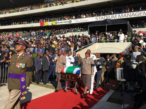 Madikizela-Mandela's coffin arrives at Orlando Stadium Picture: Ranjeni Munusamy