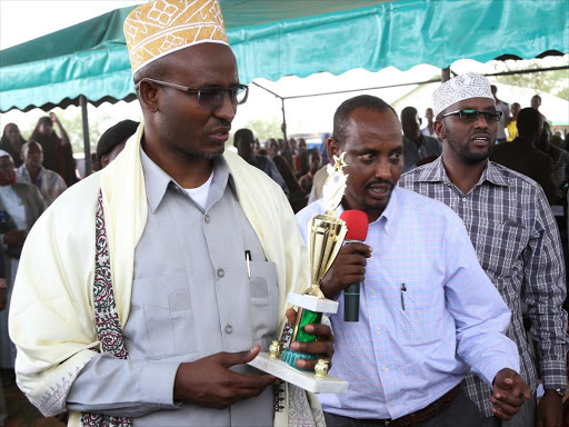 Wajir Governor Ahmed Abdullahi,Wajir North MP Ibrahim Saney and Deputy Governor Abdihafi d Yarrow at Bute Girls Secondary School on May 18, 2015 / HEZRON NJOROGE