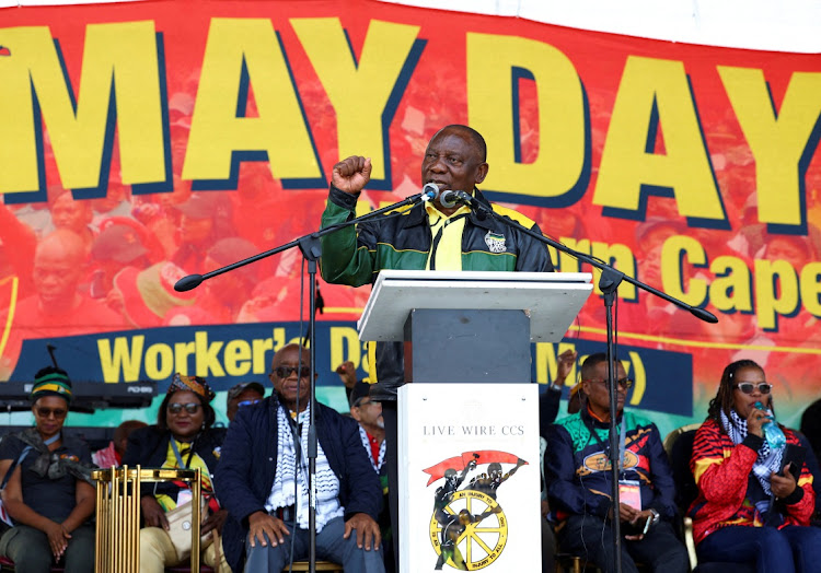 President Cyril Ramaphosa speaks at the Cosatu Worker's Day rally at Athlone Stadium in Cape Town, May 1 2024. Picture: REUTERS/ESA ALEXANDER
