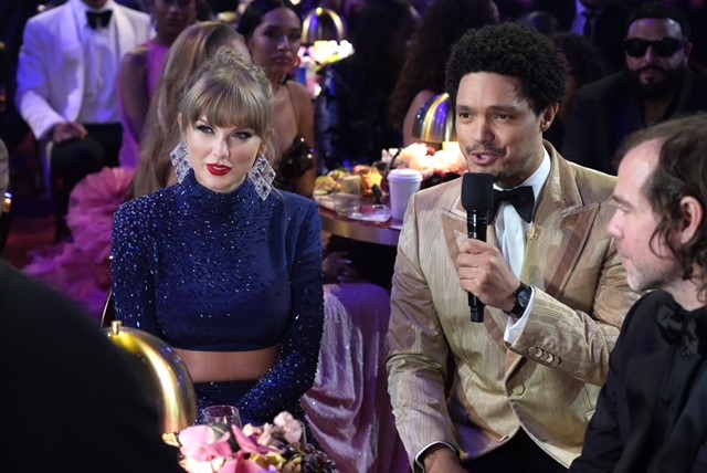 Taylor Swift and host Trevor Noah speak during the 65th Grammy Awards at Crypto.com Arena on February 5 2023 in Los Angeles, California. Noah will be hosting again next year, for the fourth time in a row.