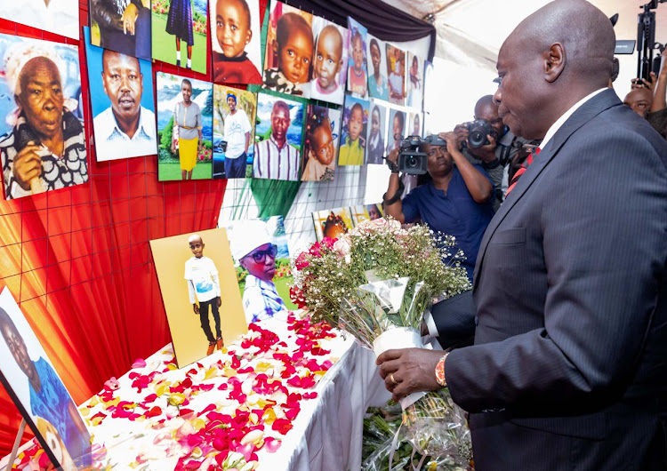 Deputy President Rigathi Gachagua at Mor Gas Grounds, Maai Mahiu, laying flowers for the victins of the flash floods on May 9, 2024.