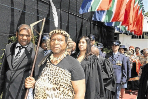 Premier Zweli Mkhize with Zulu monarch King Goodwill Zwelithini at the official opening of the KwaZulu-Natal legislature at the Royal Agricultural Showgrounds, Pietermaritzburg. Photo: Zandile Shange