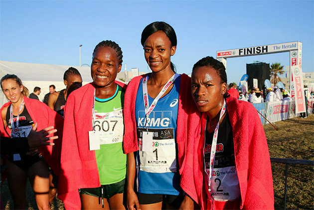 From left, third place winner of the 10km Patience Murowe, winner of the 10km challenge Kesa Molotsane and second place runner Glenrose Xaba