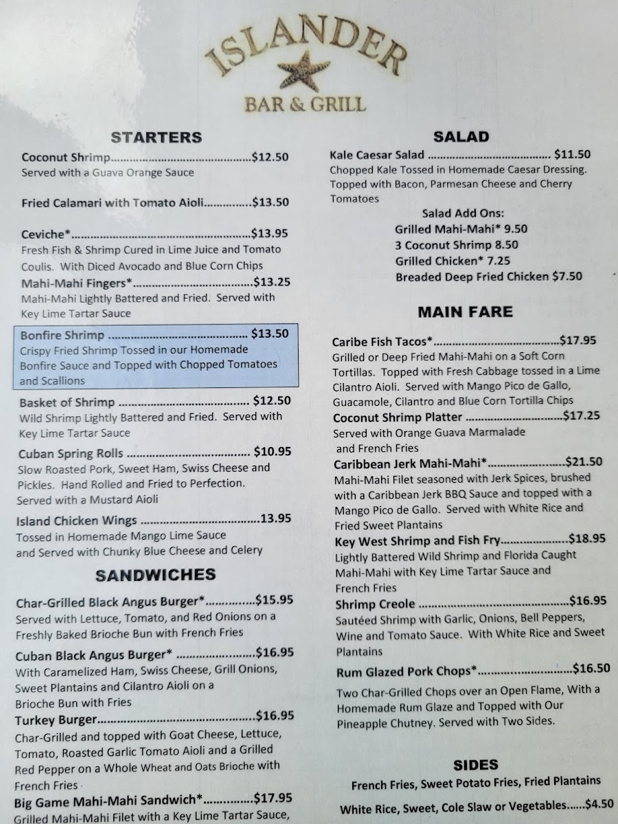 Islander Bar and Grill gluten-free menu