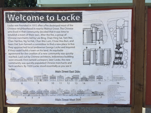 This plaque is in the Locke Historical District in the town of Locke, CA.  It reads: "Locke was founded in 1915 after a fire destroyed most of the Chinese neighborhood in nearby Walnut Grove. The...