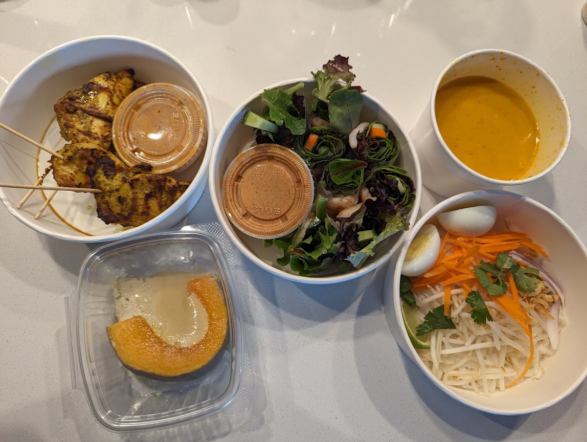 Chicken Satay, Pumpkin Custard, Shrimp Spring Roll & Chicken Khao Soi