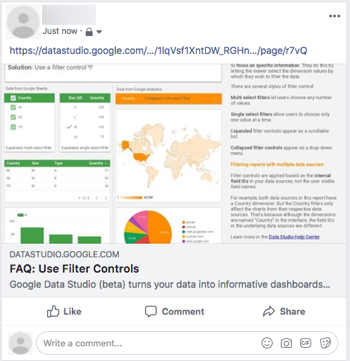A Facebook post displays a link to a Looker Studio report called FAQ: Use Filter Controls with a thumbnail image of the charts and text on the report.