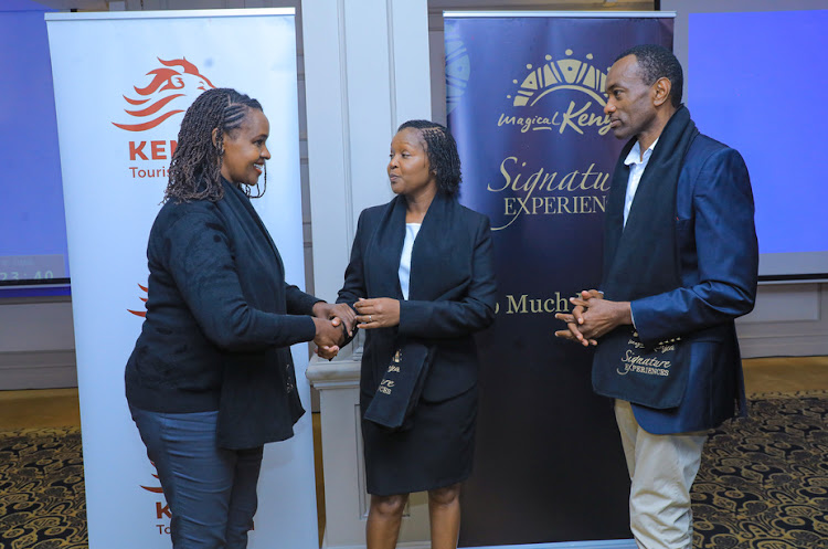 Scolar Muthamia from Nairobi Street Kitchen, KTB CEO June Chepkemei and KTB Chairman Francis Gichaba during an engagement meeting for affiliates of the Magical Kenya Signatures Program.