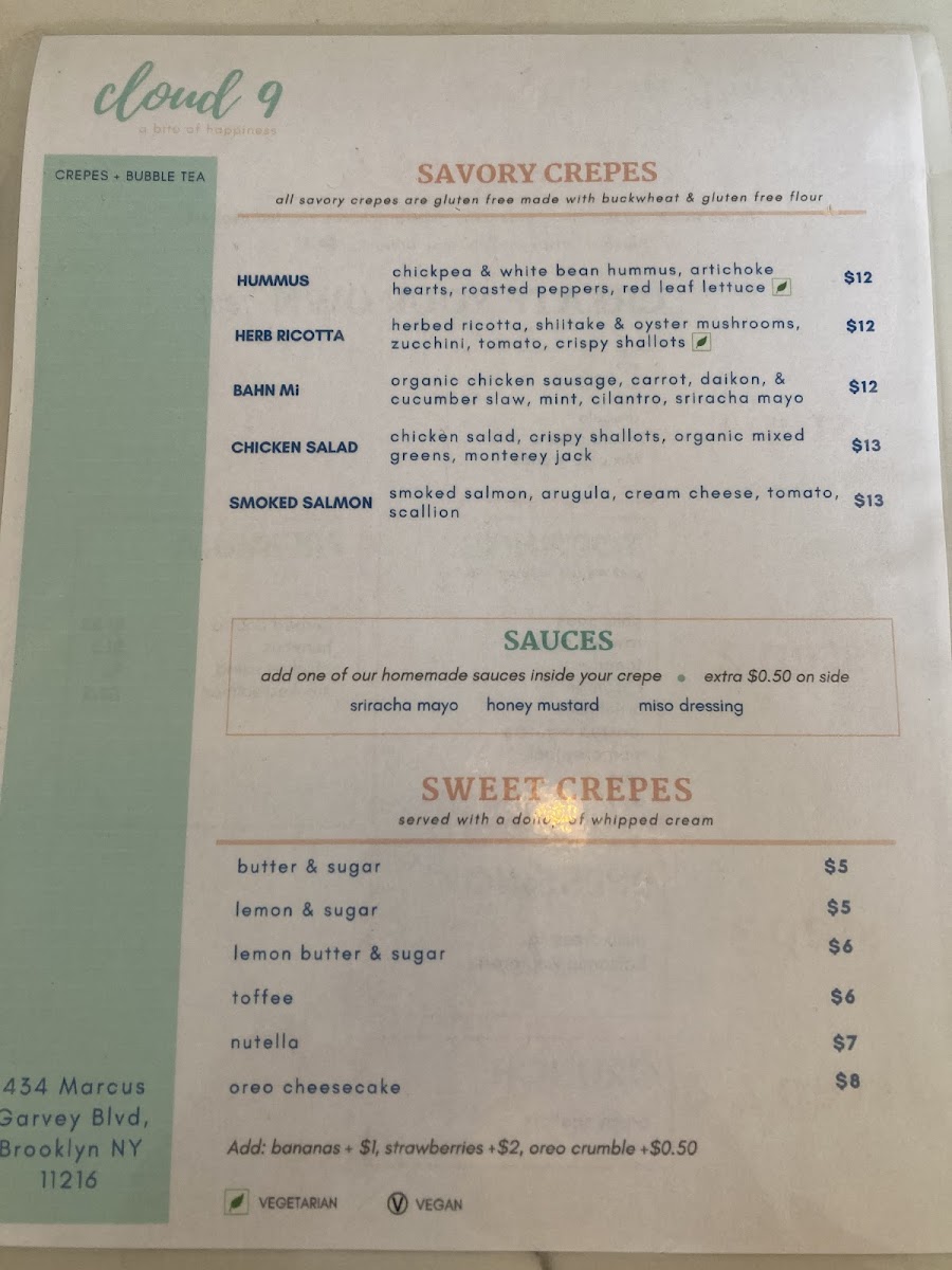 Cloud 9 Crepes gluten-free menu