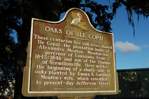 These centurion live oak trees shaded Ile Copal, the plantation home of Alexandre Mouton. Mouton was governor of Louisiana from 1843-46 and son of the founder of Vermilionville. Here marks the...