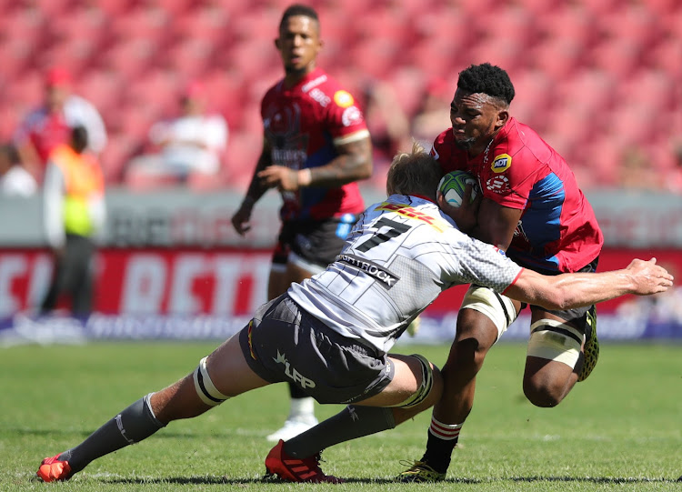 Vincent Tshituka of the Lions tackled by Pieter-Steph du Toit of the Stormers during a Super Rugby match at Ellis Park Stadium, in Johannesburg on February 15 2020.
