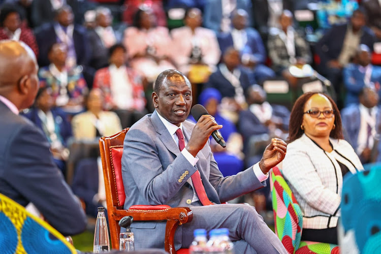 President William Ruto with speaks during the Third National Wage Bill Conference 2024 at the Bomas of Kenya on April 17, 2024.