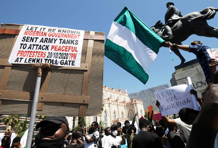 Nigerians based in SA marched to parliament in Cape Town on October 21 2020 to join the #EndSARS protests in solidarity with Nigerian youths who are protesting against police brutality and the Special Anti-Robbery Squad.