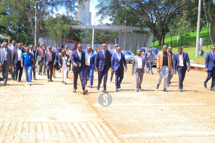 Defence Cabinet Secretary Aden Duale and Nairobi Governor Johnson Sakaja during the handover of Uhuru Park to the county government on April 18, 2024