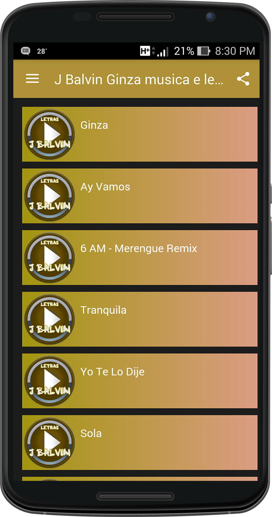 Android application J Balvin Ginza musica e letras screenshort