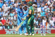 Hardik Pandya of India celebrates the wicket of Faf du Plessis of South Africa during the ICC Champions trophy cricket match between India and South Africa at The Oval in London on June 11, 2017.