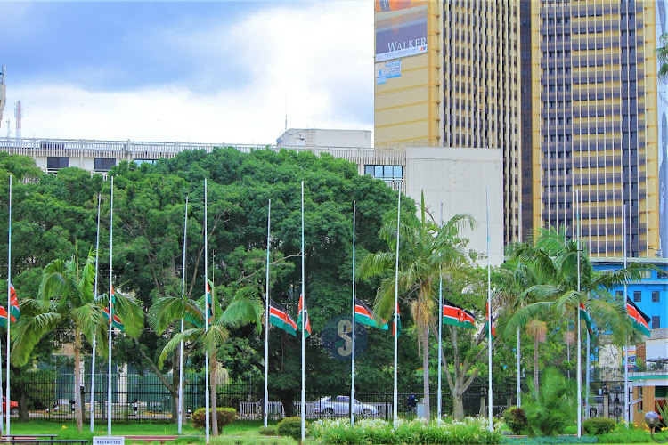 Flags fly at half mast at the Jomo Kenyatta Mausoleum in honour of the death of the Chief of Defence Forces Francis Ogolla on April 19, 2024.