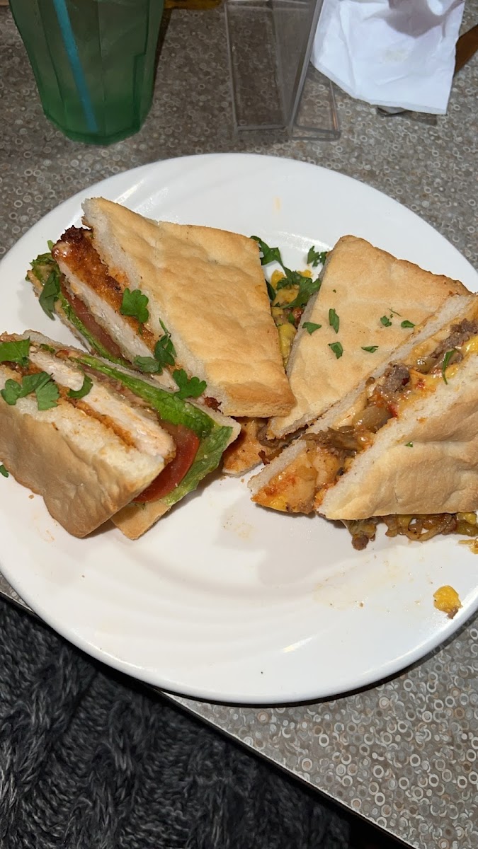 GF Buffalo Chicken Sandwich & Cheesesteak Combo on Focaccia Bread