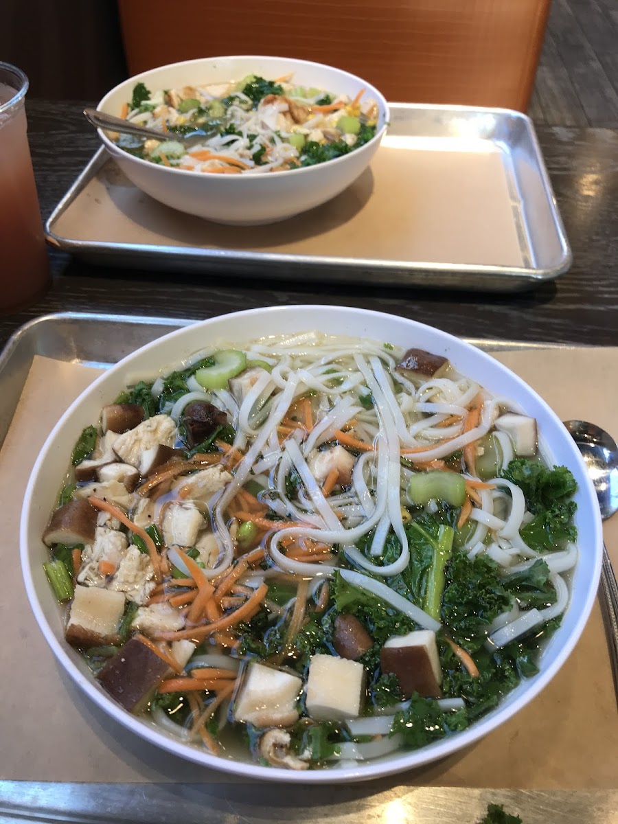 Chicken & rice noodle broth bowl.