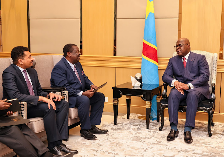 Prime Cabinet Secretary Musalia Mudavadi accompanied by other leaders during a meeting with President Felix Tshisekedi of the Democratic Republic of Congo in Kinshasa on May 9, 2024.