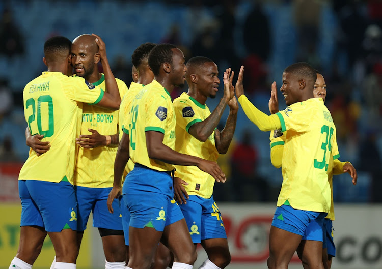 Thembinkosi Lorch celebrates a goal with his Mamelodi Sundowns teammates in their DStv Premiership win against TS Galaxy at Loftus Stadium in Pretoria on Monday night.