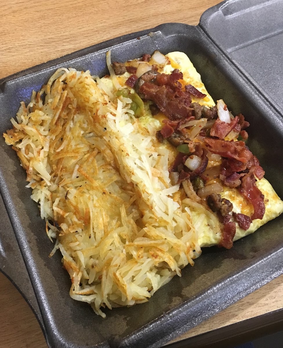 Omelette and hash browns (in a to-go box)