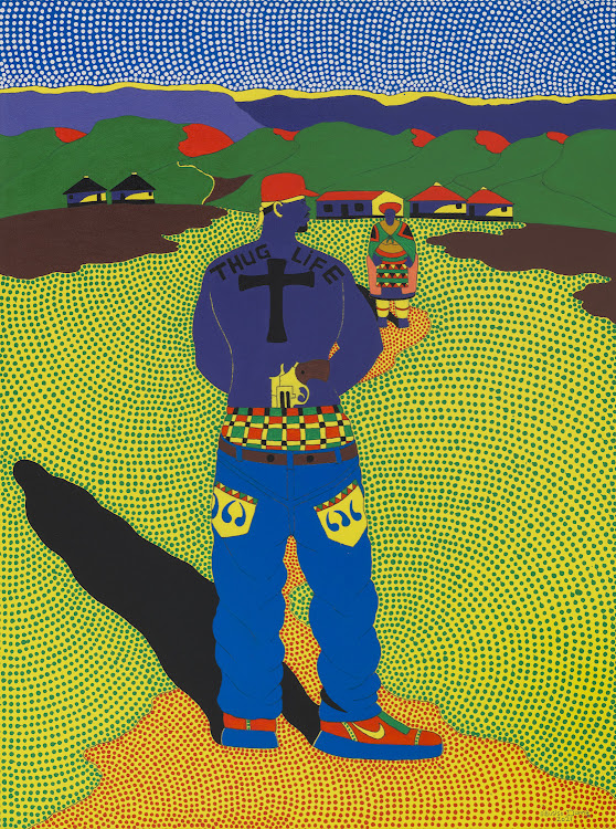 Sibusiso Duma, Mama Sengiwu Mgulukudu (Mom I am a thug), 2021, Acrylic on Canvas, 101.5 x 76 cm.