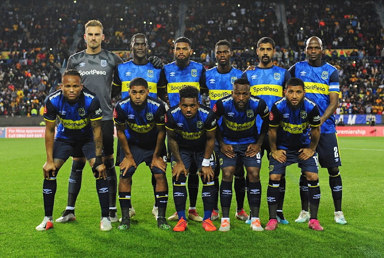 Cape Town City team picture Peter Leeuwenburgh, Siphelele Mthembu, Keanu Cupido, Thato Mokeke, Abbubaker Mobara, Thami Mkhize (front row l-r) Edmilson Dove, Ebrahim Seedat, Kermit Erasmus, Mpho Makola, Riyaad Norodien during the Absa Premiership 2019/20 game between Cape Town City and Kaizer Chiefs at Newlands Stadium in Cape Town on 27 August 2019.
