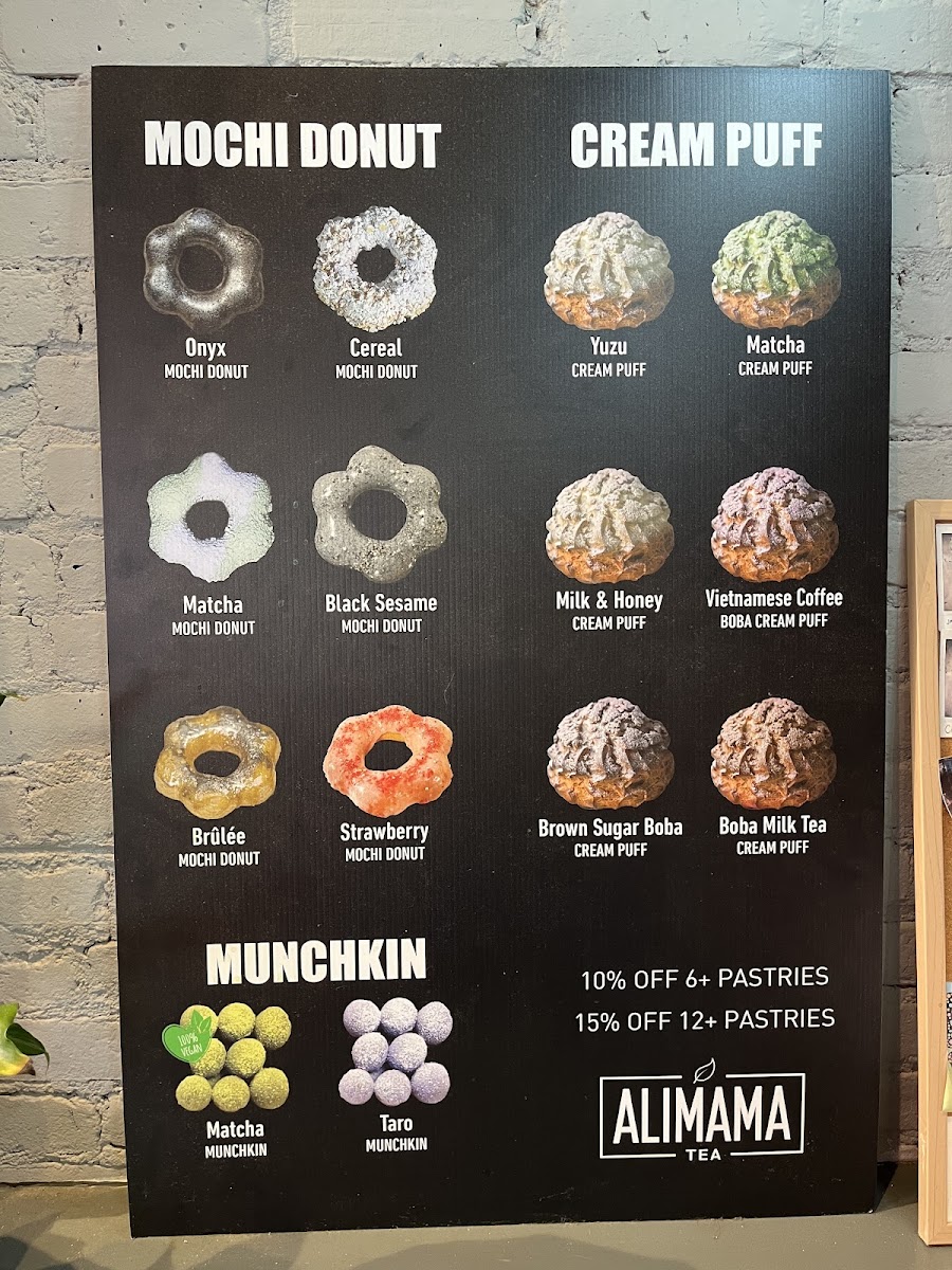 Food Menu- all mochi donuts (except the cereal donut) and munchkins are GF and are the only food in the fryer.