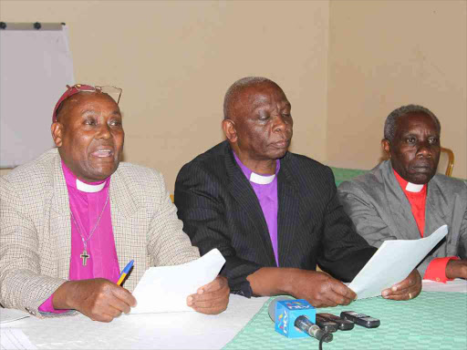 Bishop John Mwangi reads a statement on behalf of Murang’a Bishops and Senior Clergy Forum on Wednesday / ALICE WAITHERA