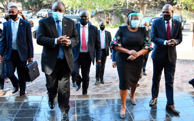 President Cyril Ramaphosa with Mpumalanga premier (centre) Refilwe Mtshweni-Tsipane and health minister Zweli Mkhize (right) during a site visit to assess the province's Covid-19 response on July 3 2020.